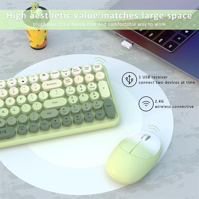 UBOTIE Wireless Keyboards and Mouse Combo (Green Gradient) | Colorful Gradient Rainbow Color Retro Typewriter Flexible Keyboard, 2.4GHz Connection and Optical Mouse for PC Wins Mac