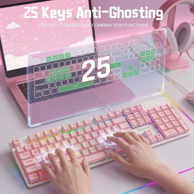 Redragon Updated S107WP Gaming Keyboard and Mouse, RGB Gaming Keyboard and 10000 DPI Mouse Combo with 25-Key Anti-Ghosting, 1K Hz Programmable Mice with Software, Plug & Play to PC, Laptop - Pink