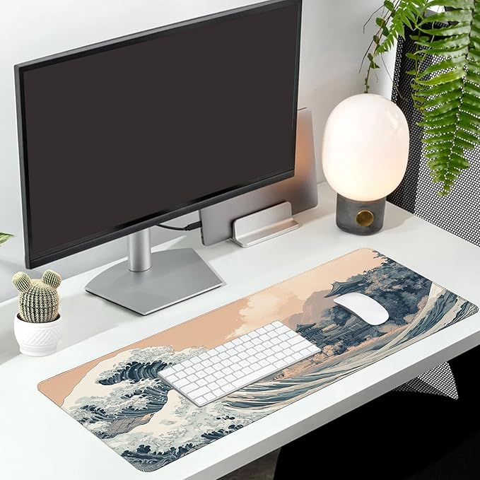 Long Gaming Mouse Pad Extended Anime Large Desk Pad with Non-Slip Base Full Keyboard Mat with Stitched Edges for Gaming and Office 31.5 x 11.8 inches (Town Wave)