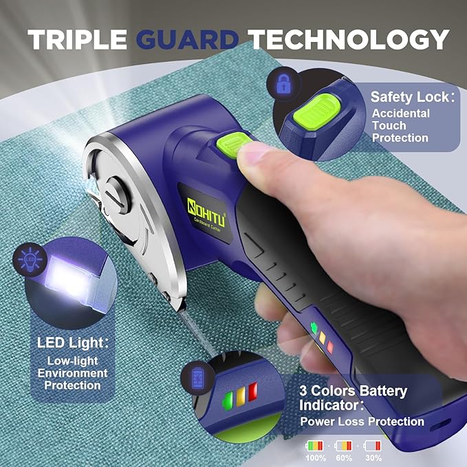 Electric Box Cutter: 4V Rechargeable Rotary Cardboard Cutter, 3000mAh Battery, with LED Light & Safety Lock, 2 Blades, Cordless Electric Scissors for Fabric Carpet Carton Plastic Leather Cloth (Blue)