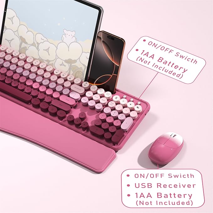 Wireless Keyboard and Mouse Combo with Phone Holder (Rose-Red Colorful) | MPTOG Colorful Typewriter Keys with Wrist Rest, , 2.4GHz Wireless, Full-Sized Optical Mouse for PC and Laptop