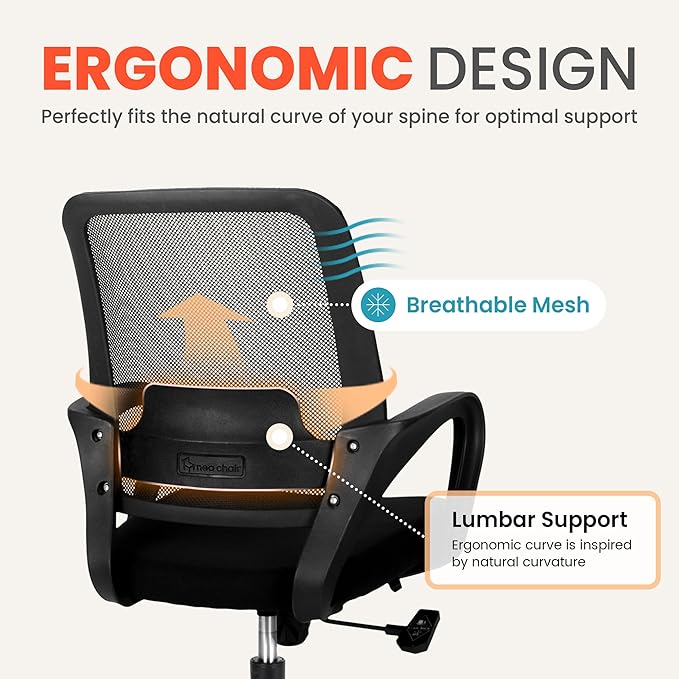 NEO Chair Office Desk Ergonomic Mesh Computer Chair with Lumbar Support Adjustable Height Swivel Rolling Wheels Comfy Mid Back Task Chair for Home Bedroom Vanity Study (Black)