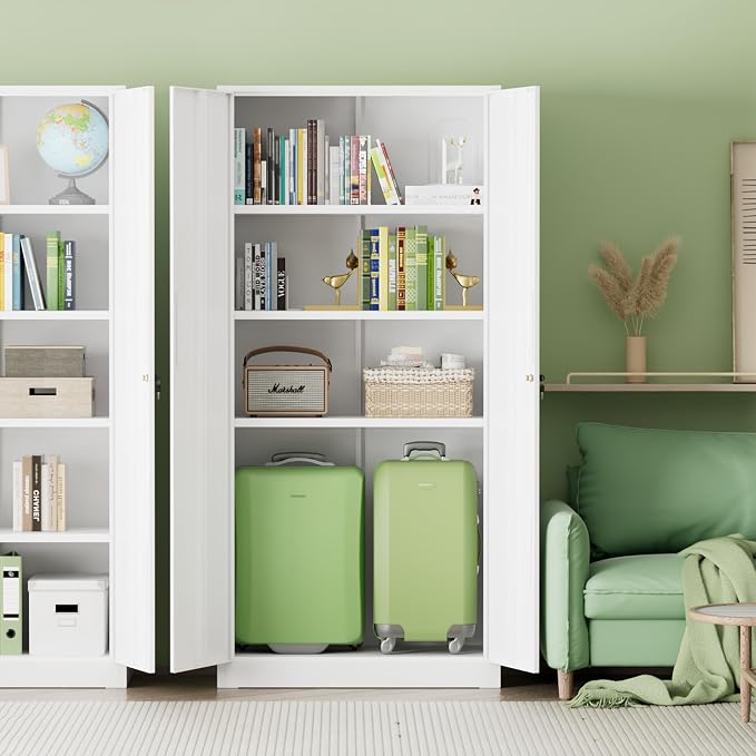 Metal Storage Cabinet, 72" H Lockable Steel Cabinets with Locking Doors, Storage Locker with Adjustable Shelves for Office, Home, Garage, Gym, School (White)