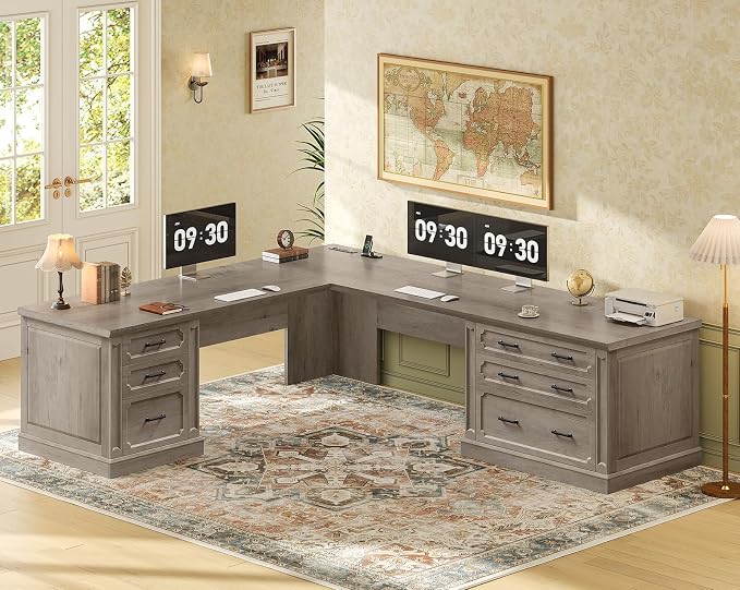 SEDETA Farmhouse 78.8" L Shaped Desk with 6 Drawers, Home Office Desk with Power Outlet, File Cabinet Storage, Wood Corner Computer Desk for Work and Study, Gray