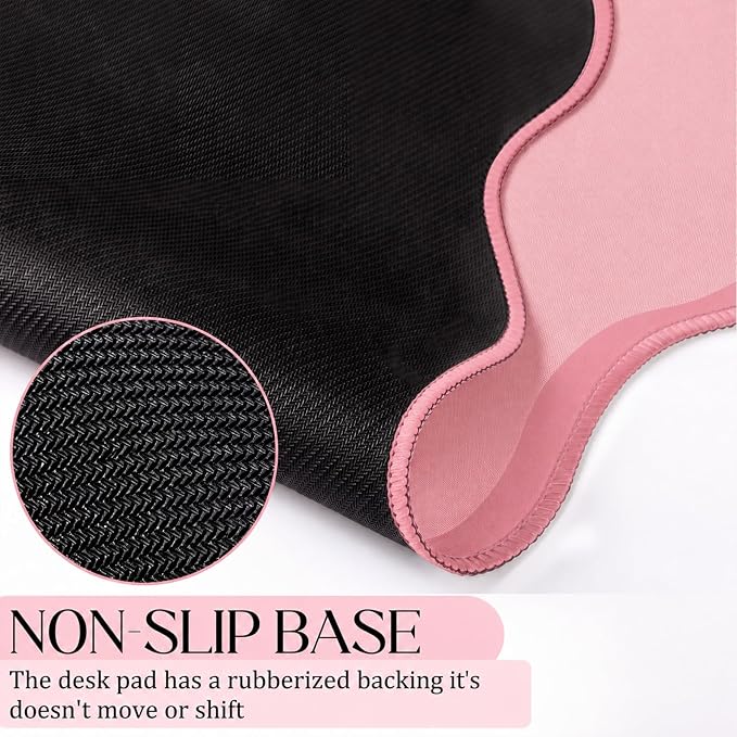 Hahafelt Scalloped Desk Mat Waterproof,Light Pink,31.5 X 15.8 Inches | Coquette Preppy Style for School Office Makeup Vanity, Nonslip Gaming Desktop Protector with Scalloped Stitched Edge Mat
