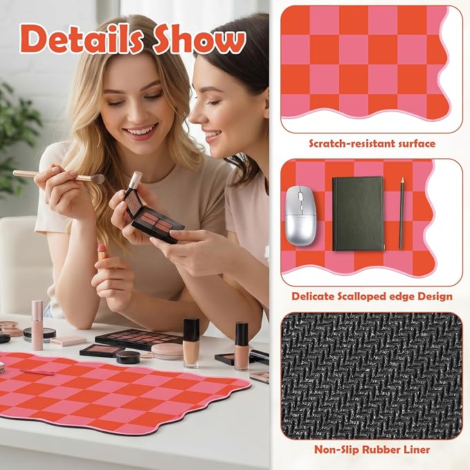 1 Pcs Pink Orange Scalloped Checkered Desk Mat 31.5 x 11.8 Large Cute Mouse Pad Computer Mat Non Slip Waterproof Rubber Base with Border Stitching Soft Keyboard Pad for Home Office Game Makeup