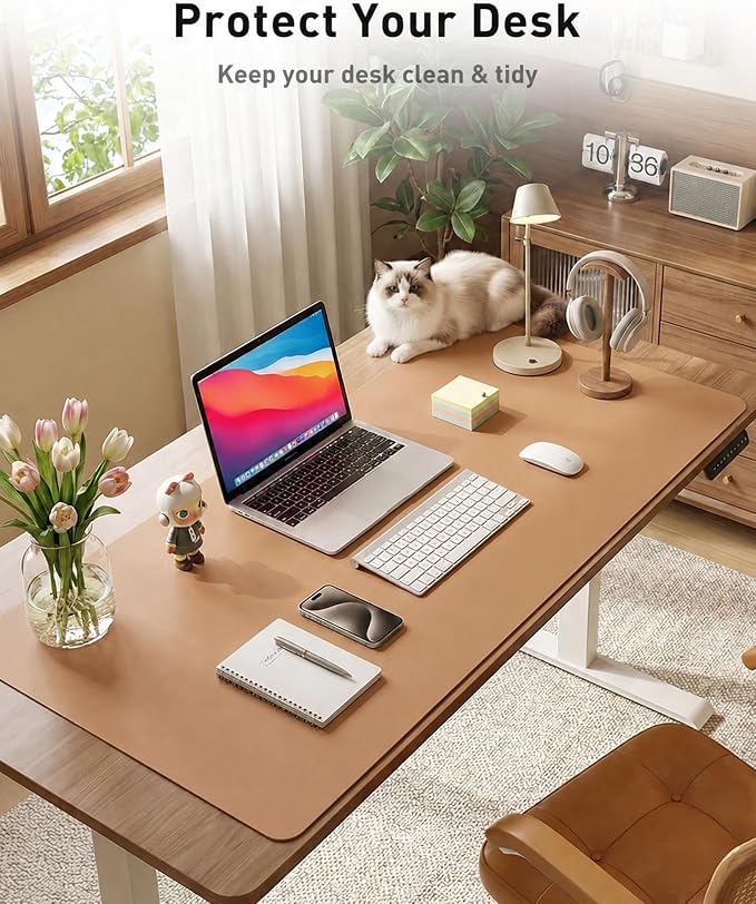 Aothia Faux Leather Desk Mat, Waterproof Desk Pad (Khaki, 48" x 17") | One large surface for your keyboard, laptop and mouse, reducing desktop clutter without a separate mouse pad