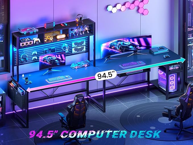 SEDETA 67" L Shaped Gaming Desk with Pegboard LED Lights and Power Outlet | Reversible Computer Desk with Keyboard Tray Hutch and Stoage Bag for Home Office, Black