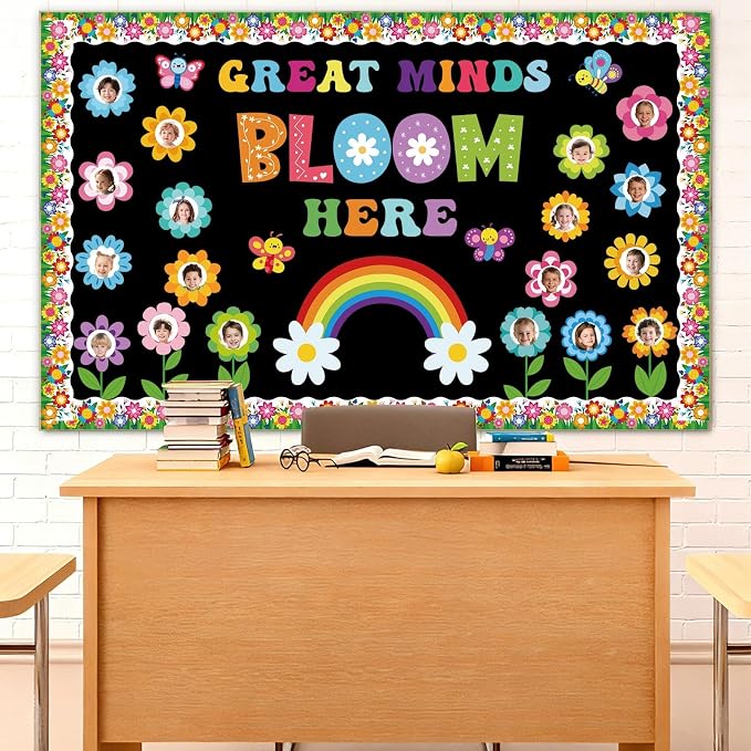 53Pcs Spring Bulletin Board Decorations Set, Great Minds Bloom Here Classroom Bulletin Board Decor, Spring Flower Bulletin Board Borders Decor for Classroom Elementary Back to School Office Wall Door