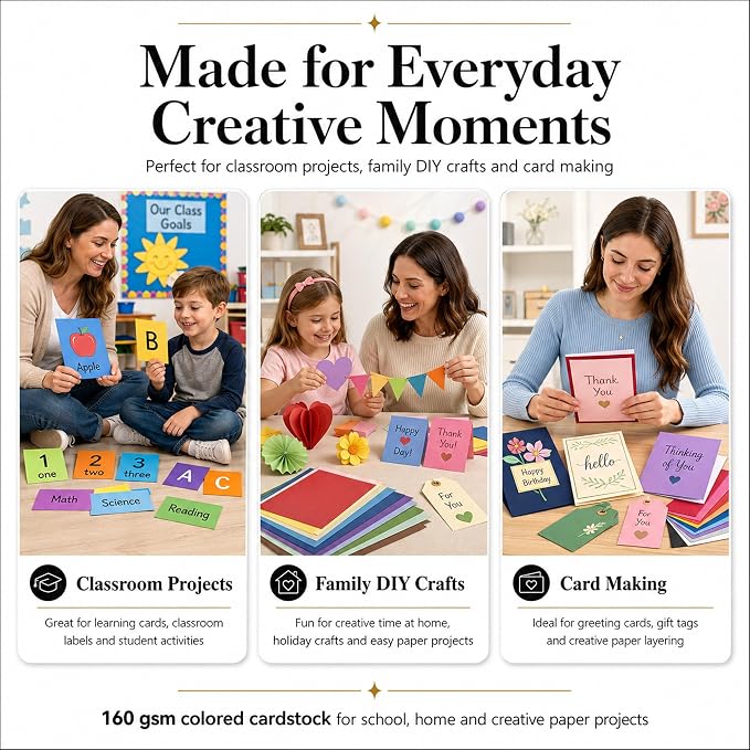 Colored Cardstock 8.5 x 11, 20 Assorted Construction Paper, 60 lb | Cardstock Printer Paper 8.5 x 11, 100 Sheets of Assorted Card Stock for Classroom, Greeting Cards, Scrapbooking and Crafts.
