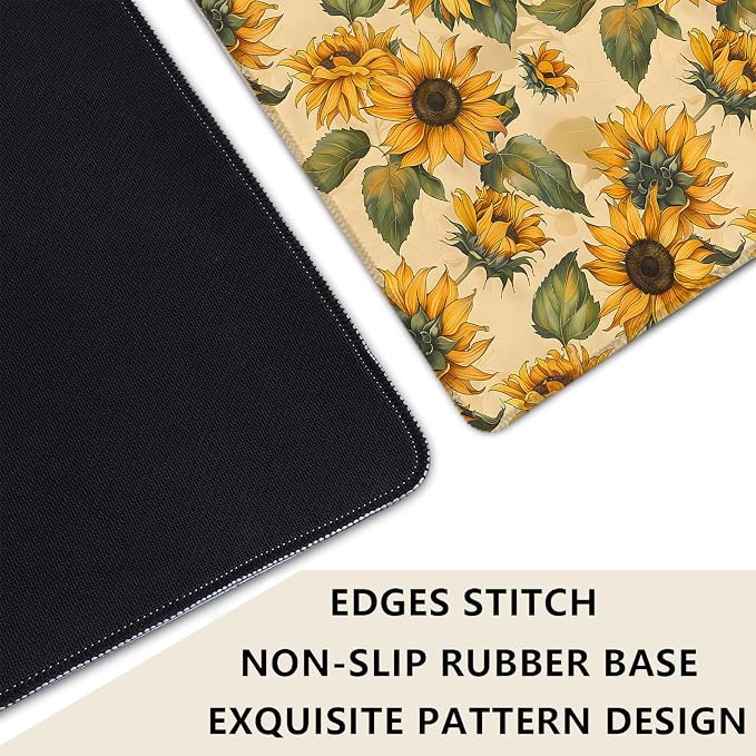 Sunflower Extended Mouse Pad 31.5x11.8in, Yellow Floral Leaf Pattern Large Desk Mat with Non-Slip Rubber Base, Big Mousepad for Laptop Computer PC, Gaming Office Home Decor, Deskmat Gifts