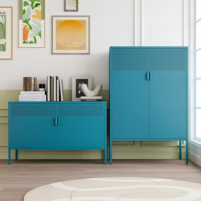 Chshin Metal Storage Cabinet,Kitchen Pantry Storage Cabinets with Doors,Buffet Cabinet with 2 Adjustable Shelves,Blue Pantry Cabinets,Steel Sideboard for Home,Shoes,Office,Dining Room