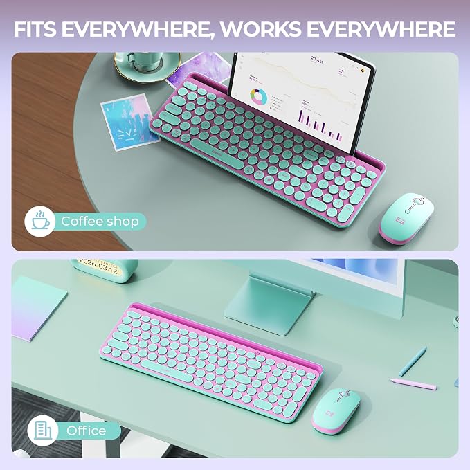seenda CTU-301 Bluetooth Keyboard and Mouse Combo for iPad,Green&Pink | Bluetooth+2.4G combo with tablet holder, full-size keys and quiet clicks for iPad, iPhone, Mac, Windows and Android.
