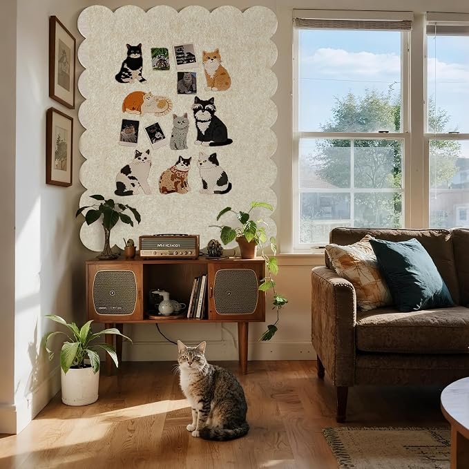 Scalloped Bulletin Board 48x36 inches, Decorative Felt Pin Board for Wall | Cute Cork Board Alternative with Push Pins, Foldable Display Vision Board for Photos, Notes & Reminders