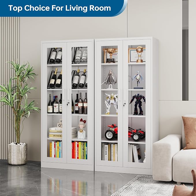 PEUKC Display Cabinet with Glass Doors, 71 Inches Metal Display Case with 4 Adjustable Shelves, Curio Storage Cabinet with Lock for Home, Office, Book, Pantry, Assemble Required (White)