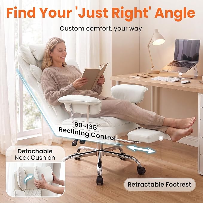 NEO CHAIR Big & Tall Leather Office Chair, High Back, Lumbar Support, White | Gaming Chair for Adults and Computer Use, Reclining Office Chair with Foot Rest, Massage, Comfy Design and Heavy Duty Support