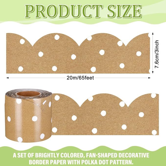 Zonon 65.6 Feet Kraft Dots Bulletin Board Border Farmhouse Scalloped Brown White Dot Border for Bulletin Board Trim Roll Classroom Decorations for Back to School Classroom Chalkboard Office Wall Decor