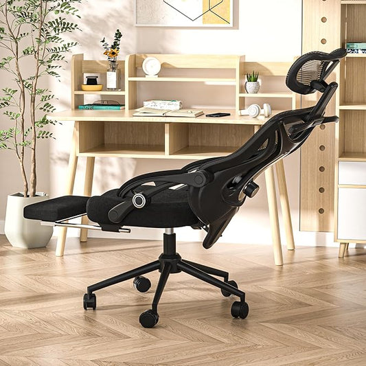 Ergonomic Office Chair with Footrest - Adjustable Lumbar Support & Headrest, 90-160° Reclining Mesh Back Computer Chair - Home Office/Gaming, 350lbs Capacity
