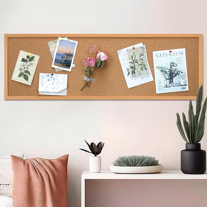 12'' x 36'' Cork Bulletin Board Framed Large Wall Mounted Corkboard with Installation Kit, Push Pins for Home and Office Decor, School Message or Vision Background(Brown)