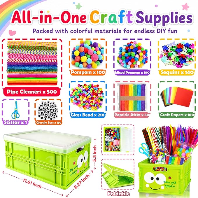 FUNZBO Arts and Crafts Supplies for Kids -Toddler Craft Kits | with Glue Stick Pipe Cleaners Popsicle Stickers Construction Paper Pom Poms & Googly Eyes, Birthday Gifts for Girls age 4+
