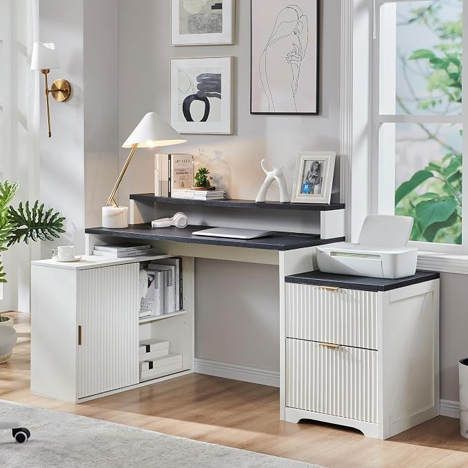 67"Fluted Desk with Cabinet & 2 Drawers, Modern Office Desk Built‑in Outlet | Wood Home Office Desk, storage cabinet with sliding doors, Fluted Computer Writing Desk, Antique White