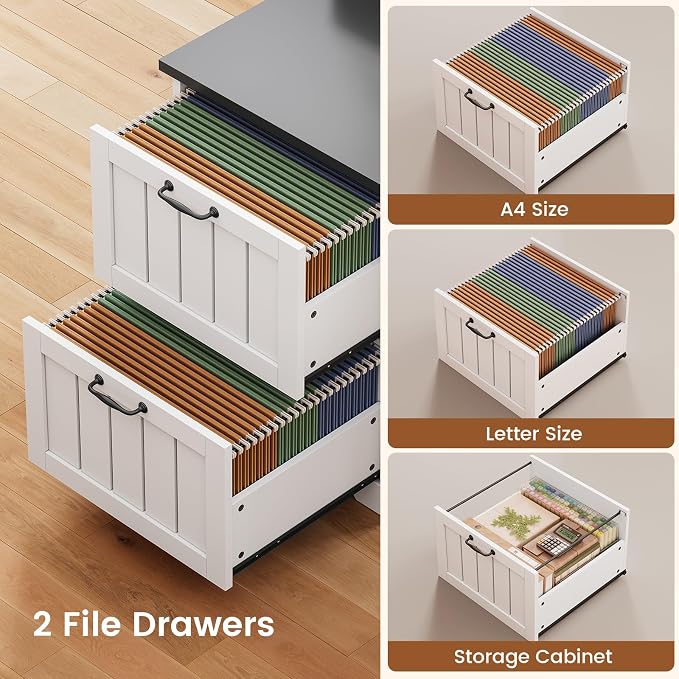 SEDETA Farmhouse 63" L Shaped Desk with Drawers and Storage Cabinet | Office Desk with File Drawers, Wood Corner Computer Desk with Storage, Home Office Desk with Monitor Stand,Black and White