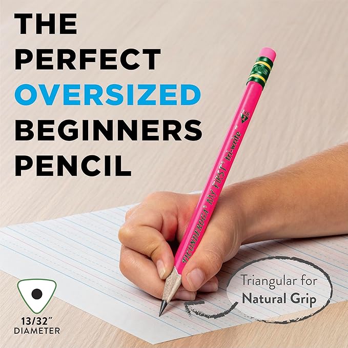 Ticonderoga My First Tri-Write Wood-Cased Pencils with Sharpener, Pre-Sharpened, 2 HB, With Erasers, Neon Colors, 2 Count, 6 Packs