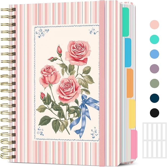 Large Spiral Notebooks for Work 5 Subject with Removable Dividers | 8.5" x 11" Pretty Hardcover Notebook Journal for Women, College Ruled, Perfect for Study & Office , 280 Pages, Rosette Bow