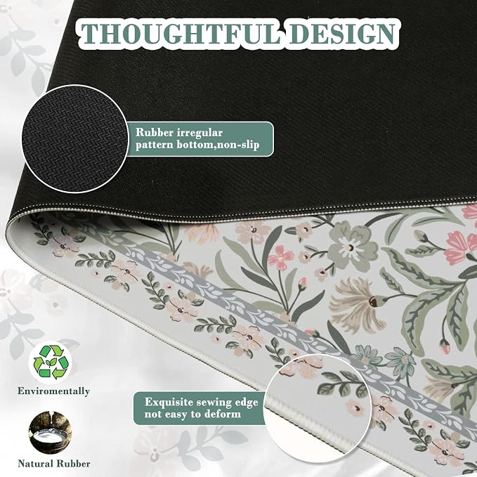 iCasso Aesthetic Desk Mat,31.5x11.8in Mouse Pads, Gray Floral | Anti-Slip Mousepad with Stitched Edges, Waterproof Computer Pad, Desk Accessories Office Decor for Women