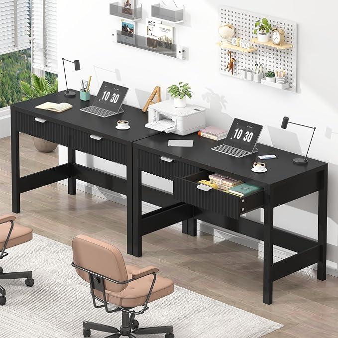 39 Inch Small Fluted Computer Desk with 2 Drawers for Bedroom, Home Office | Small Computer Desk with Storage, Compact Writing Study Desk for Small Spaces, Black