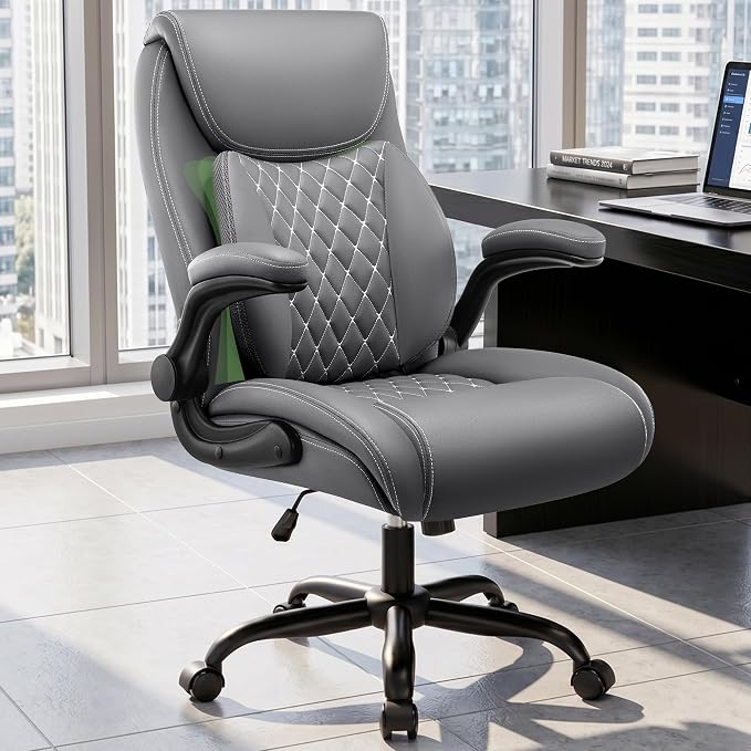 Office Chair, Ergonomic Executive Desk Chair with Lumbar Support for Lower Back Pain Relief, Padded Flip-Up Armrests, Leather Home Office Chair, Gray