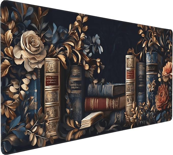 Floral Aesthetic Book Gaming Mouse Pad, Black Gold Baroque Desk Mat with Anti-Slip Base & Stitched Edges, Computer Keyboard & Laptop Pad, 35.4" x 15.7" in in Workstation Accessories