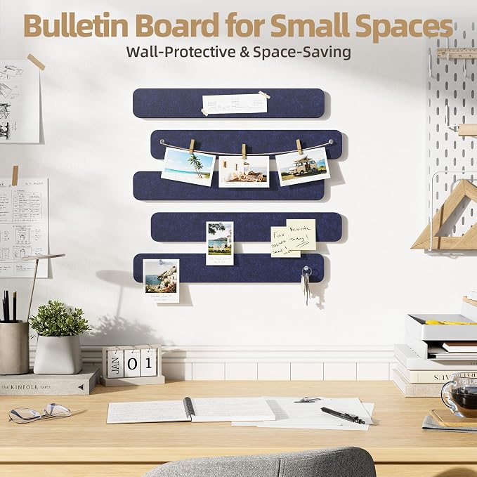10 Pack 13"x2" Cork Board Strip with Removable Adhesive Squares & Push Pins | Pin Board Alternative Felt Strip Bulletin Board, Felt Board for Photo & Note Display, Home Office Decor - Navy Blue