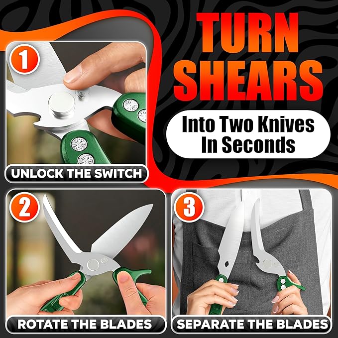 4-in-1 Stainless Steel Kitchen Shears – Sharp Seafood, Fish, Turkey & Chicken Cutting Scissors with Non-Slip Metal Handle & Micro-Serrated Blades – Spring-Loaded Bone Scissors with Safety Lock (Green)