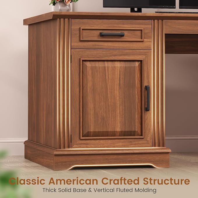 SEDETA Farmhouse Executive Desk, 62'' Home Office Desk with File Drawers, 3Drawer and Storage Cabinet, Computer Desk with Power Outlet for Home Office, Work Study Writing, Walnut