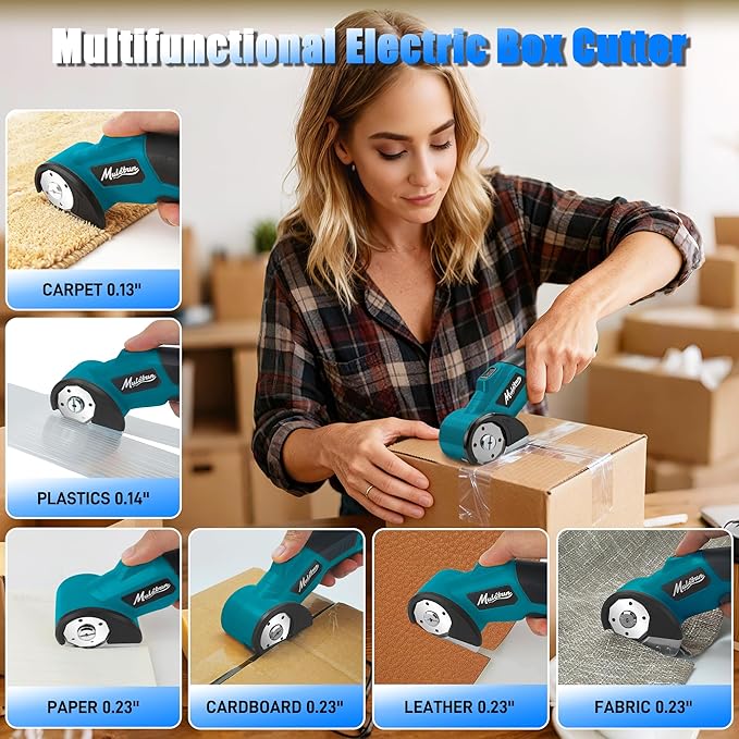 Electric Box Cutter with 4 Safety Blades,Storage Bag,Cardboard Cutter with Safety Lock,Led Light,4V 2000mAh Cordless Electric Scissors for Carton Carpet Fabric Leather（Dark Blue）