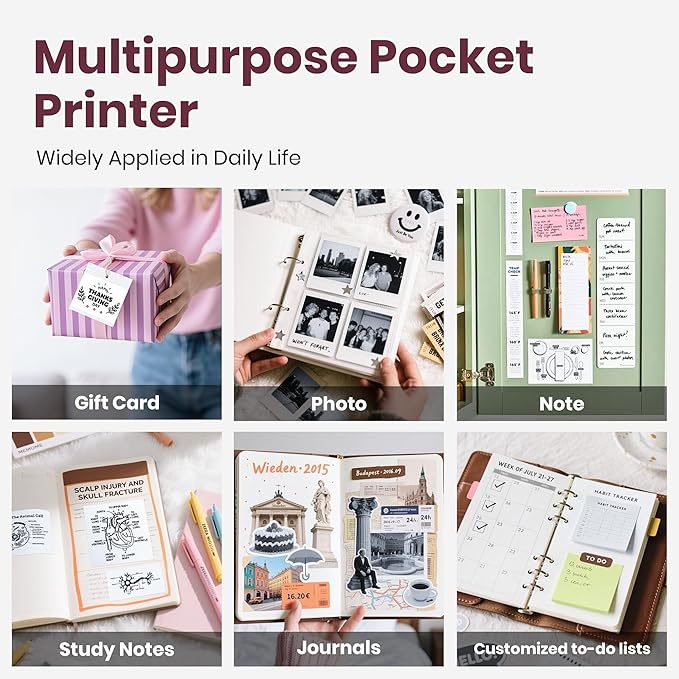 Sticker Printer, PM290C Portable Mini Printer, Inkless Bluetooth Sticker Maker with 3 Rolls Paper, Impresora Portátil for Notes, DIY, Gift, Smart AI APP, Print Pod for Office/Home, Pink