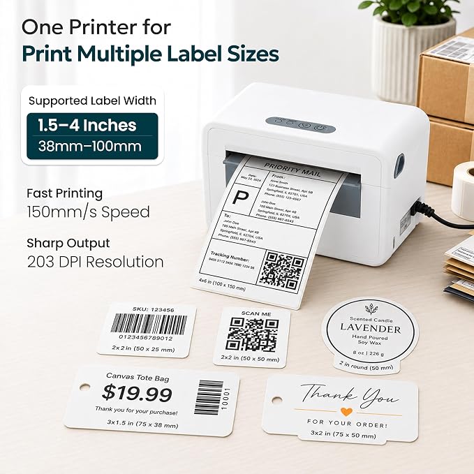 Bluetooth Shipping Label Printer, 4X6 Wireless Label Printer, USB Shipping Label Maker for Small Business, Compatible with iPhone, Android, Windows & Mac (White-9)