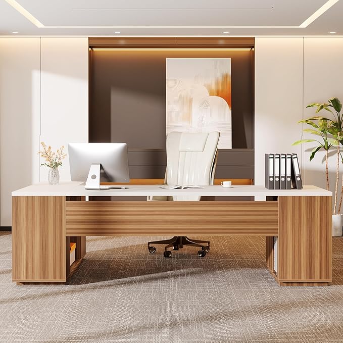 Tribesigns 85.8-Inch L-Shaped Executive Desk, Extra Large Modern Office Desk with File Drawers, Door Cabinet & Shelves, Commercial Office Table, Home Business Workstation, White & Brown
