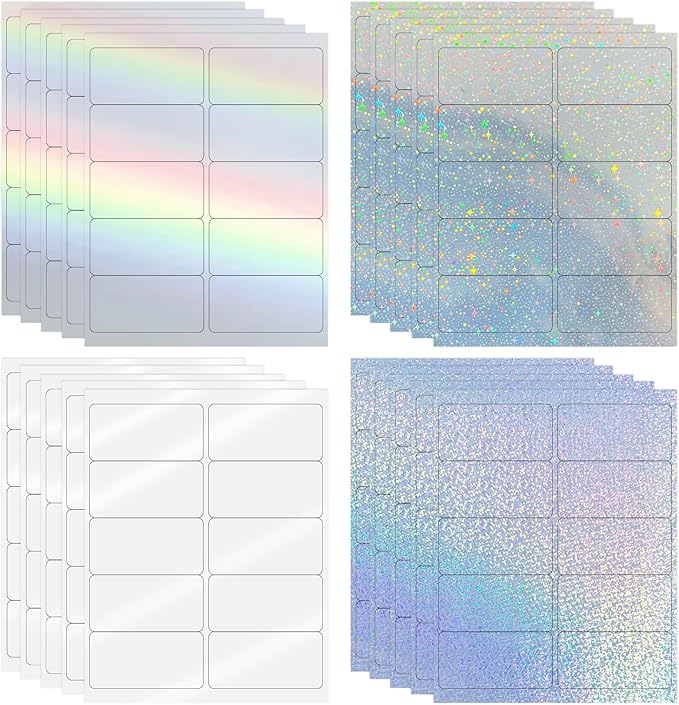 STARLIBOO Holographic Stickers Labels - 2" x 4" Address Labels Mailing Stickers for Laser/Inkjet Printer 8.5"×11"-Star, Rainbow, Transparent, Dots- 20 Sheets