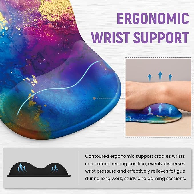 Ergonomic Mouse Pad with Wrist Rest, Gel Wrist Support, Gold Splash | 10.2 x 7.6 in Mouse Pad with Smooth Fabric Surface and Non-Slip Rubber Base for Office, Home, Study, and Gaming