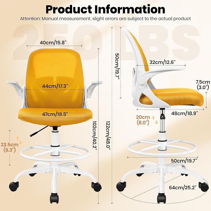 Drafting Chair Tall Office Chair with Flip-up Armrests Executive Ergonomic Computer Standing Desk Chair with Lumbar Support and Adjustable Footrest Ring (Mustard)