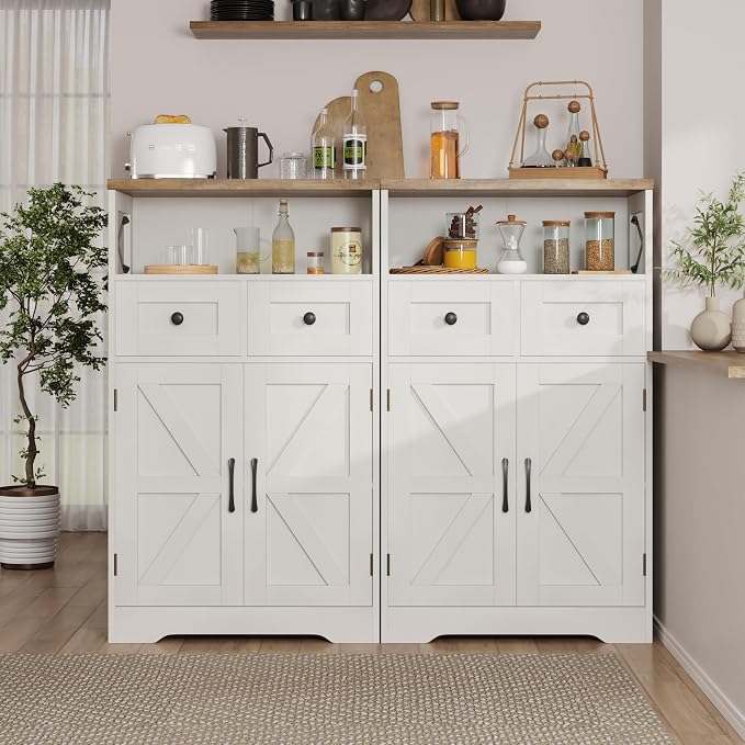 Farmhouse Storage Cabinet Set of 2, Small Kitchen Pantry Coffee Bar Cabinet | Accent Buffet Cabinet Cupboard, 2 Drawers, Barn Doors & Adjustable Shelves, for Kitchen/Entryway/Bathroom, Antique White