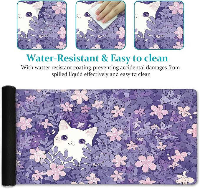 LIMKRIAN Cat Purple Mouse Pad Large Desk Mat 31.5x11.8 in | Large Mouse Pad, Stitched Edges, Non-Slip, Kawaii Desk Mat for Keyboard Mouse, Cute Office Desk Accessories Decor for Women