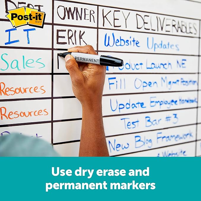 Post-it Easy Erase Permanent Marker Whiteboard Surface, Permanent Marker Wipes Away with Water, 4 ft x 3 ft, White Dry Erase Whiteboard Film (EE4x3)