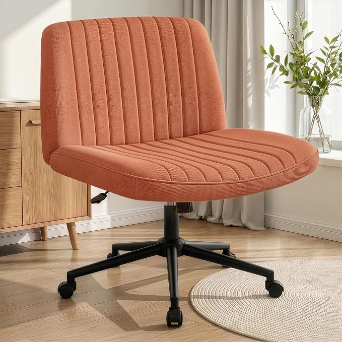 NEO CHAIR Criss Cross Chair with Wheels Armless Cross Legged Office Desk Wide Comfy Vanity Makeup Chair Adjustable Swivel Rolling Computer for Home Office Fabric (Brown) | Cross-Legged Friendly Design, Dual Base with Wheels or Pads, 360° Swivel & Heigh...