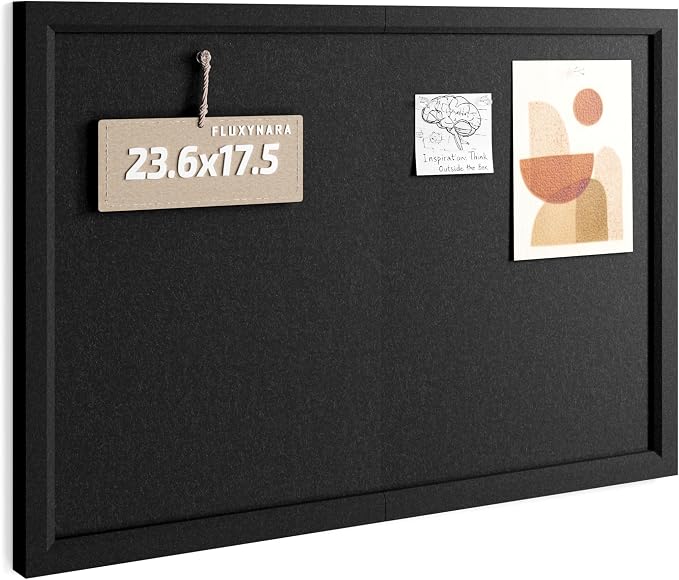 Fluxynara 23.6" x 17.1" Felt Frame Bulletin Board, Black | Cork Board Alternative with 12 Removable Adhesive Tabs, Foldable Pin Board for Wall, Home, Office, Classroom & Dorm