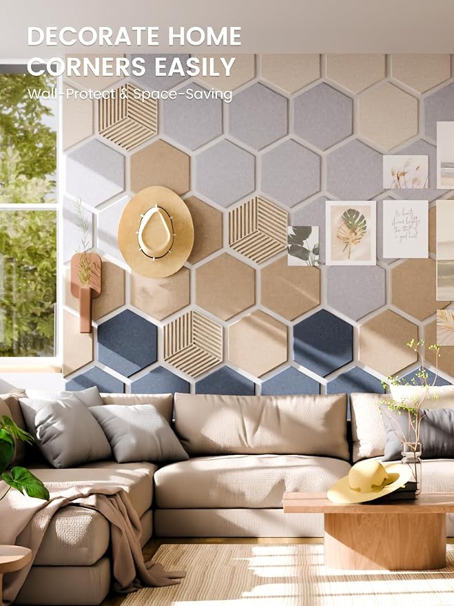 Fluxynara 10-Pack Hexagon Cork Board Alternative, Nordic Slate | Felt Bulletin Board with 50 Adhesive Tabs, Ideal for Vision Boards and Wall Decor in Homes, Offices, Classrooms, and Dorms