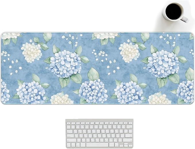 Hydrangea Desk Mat, Blue and White Flroal Mouse Pad, 31.5x11.8