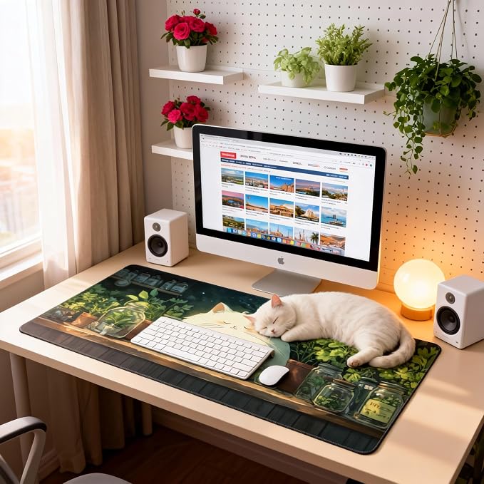 Cute Anime White Cat Gaming Mouse Pad, Forest Green Anime Desk Mat with Anti-Slip Base & Stitched Edges,35.4" x 15.7" in Table Mat for Computer Desktop, Beautiful Workstation Decor
